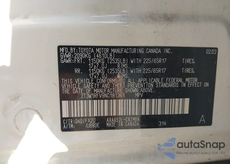 2022 Toyota Rav4 Xle z USA, uszkodzony, nr VIN 2T3W1RFV9NC181361